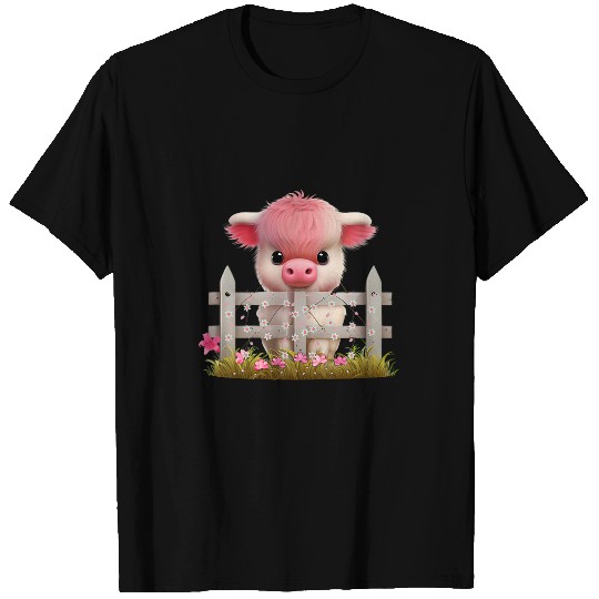 Cow Pet Cute Pink Scottish Baby Highland Cow with Flowers Calf Farm T-Shirts
