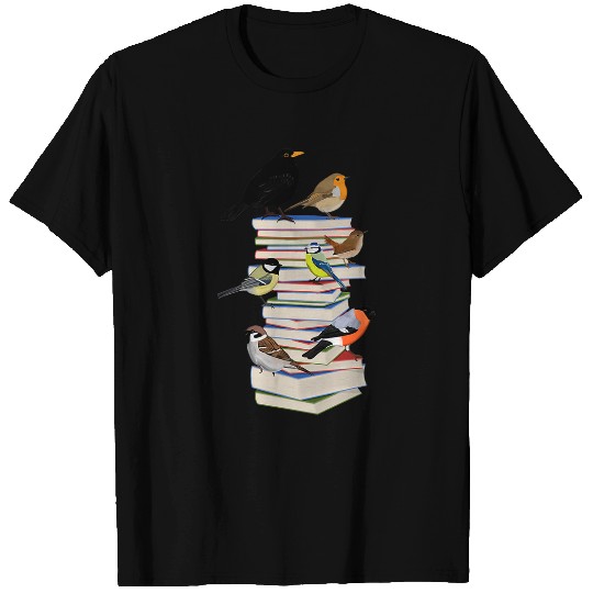 Book Fun Robin Bullfinch Sparrow with Books Bird Birdwatcher Animal T-Shirts
