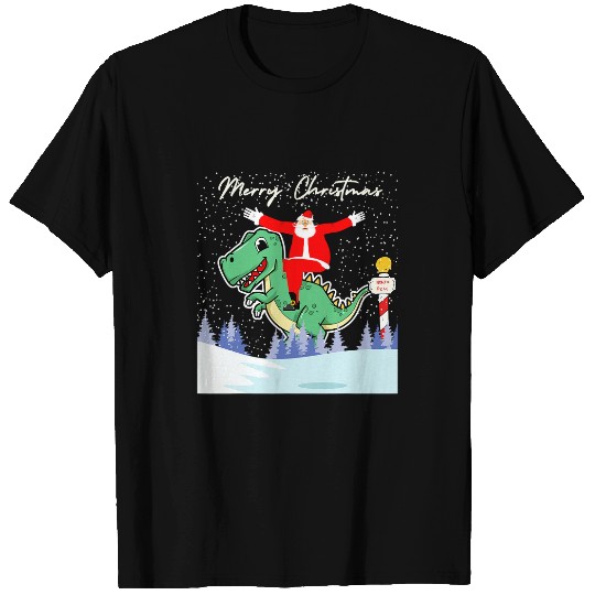 Dinosaur Pet Merry Christmas Santa Claus Riding at the Dinosaur North Pole T-Shirts