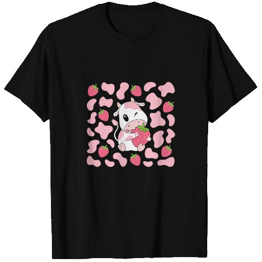 Cow Pet Cute Pink Strawberry Cow Print Kawaii Aesthetic Pattern T-Shirts