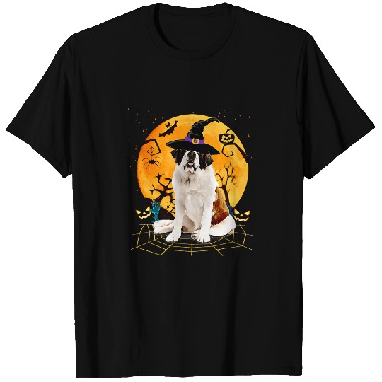 Saint Bernard Pet Scary Halloween Cute Saint Bernard Costume Witch Hat Moon T-Shirts