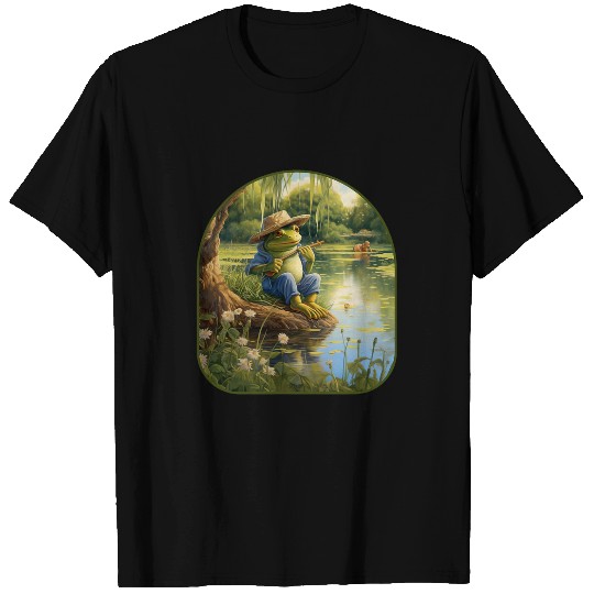 Fishing Fun Cottagecore Frog Fishing Pond Willow Trees Tranquil T-Shirts