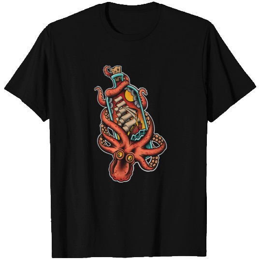 Octopus Pet and Clipper Ship in Bottle Old School Sailor Tattoo T-Shirts