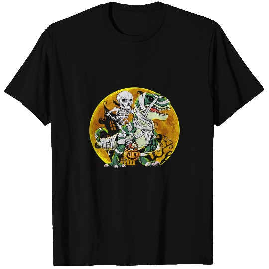 Dinosaur Pet Halloween Skeletons Riding Mummy Dinosaur T rexs Pumpkin Moon 1 T-Shirts