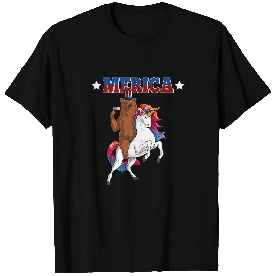 Unicorn Pet Bear Merica Grizzly Bear Riding Unicorn American Flag 449 Polar panda T-Shirts