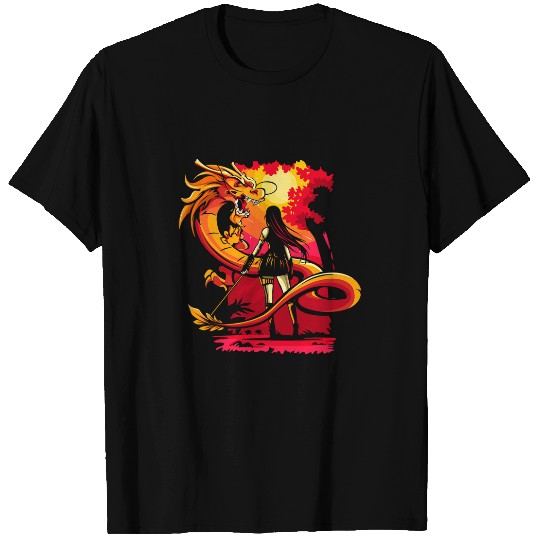 Dragon Pet 2Samurai Girl Warrior with Katana Japan Anime Lover T-Shirts