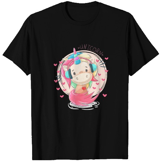 Unicorn Pet Cute Lovely Music Lover Unicorn With Headphones Pink Hearts T-Shirts