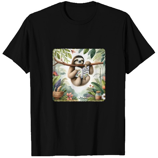 Book Fun Sloth Reading Slow Cooking Book In Rainforest Plants Muted T-Shirts