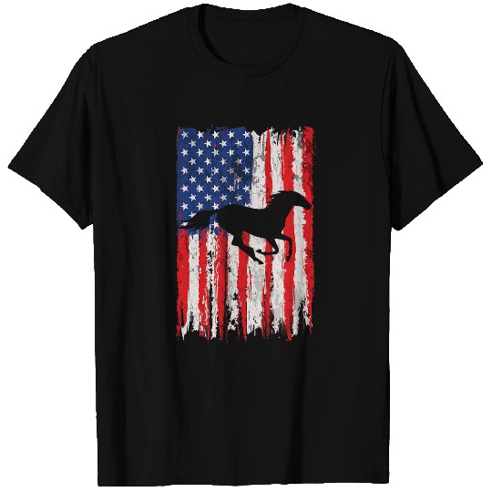 Horse Pet 4th Of July  Women Girls American Flag USA Horse T-Shirts