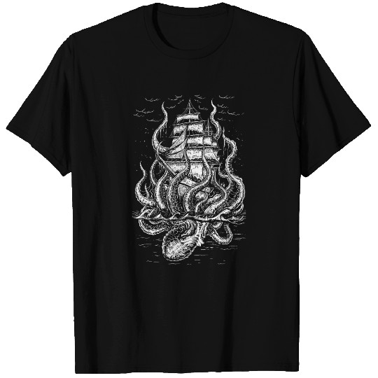 Octopus Pet Giant Octopus Pirate Ship Kraken Sailing Squid Cthulhu T-Shirts