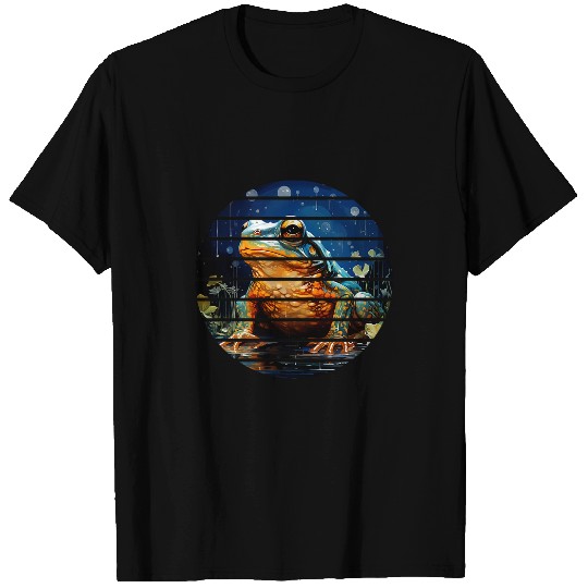 Frog Pet Retro circle green frog blue starry night sky pond anime art T-Shirts