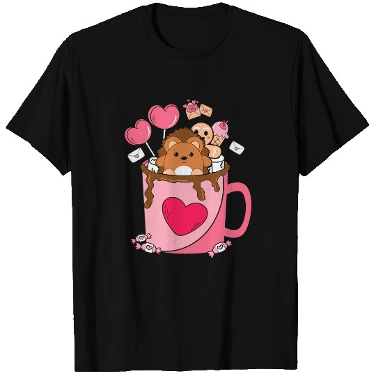 Hedgehog Pet Happy Pink Valentines Day Hedgehogs in the Coffee Cup Graphic T-Shirts