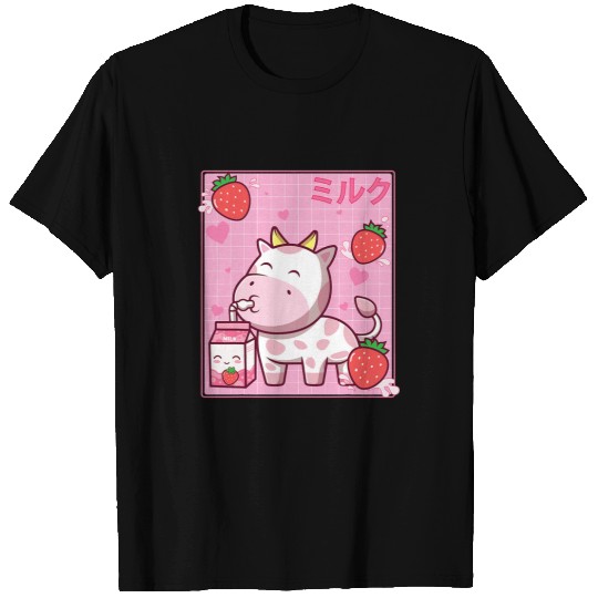 Cow Pet Kawaii Pink Strawberry Cow Milk Shake Otaku Anime Lover T-Shirts