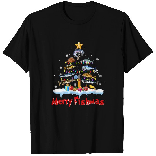Fishing Fun Merry Fishmas Funny Christmas Tree Lights Fish Fishing Rod 513 T-Shirts