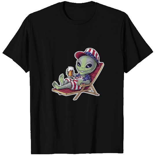 Beer Fun 4th Of July Alien Mood Beer Hat Lounge Funny American Flag T-Shirts