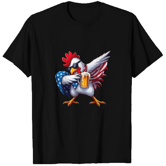 Beer Fun Dabbings Rooster Drinking Beer Sunglasses 4th Of July US Flag T-Shirts