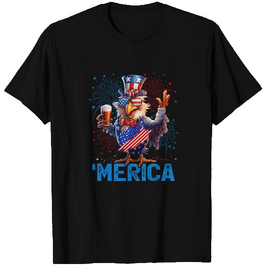 Beer Fun Chicken With Beer US Flag Patriotic 4th of July Merica T-Shirts