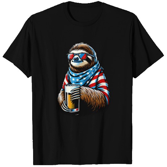 Beer Fun Sloth Holding Beer USA Flag Sunglasses 4th of July Sloth T-Shirts
