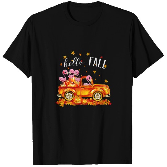 Flamingo Pet hello fall flamingos in car pumpkin happy halloween T-Shirts