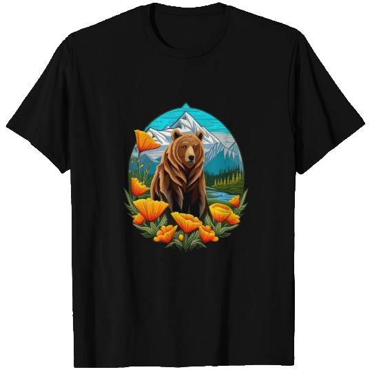 Bear Pet Bear In Mountain Landscape With Orange californias Poppies T-Shirts