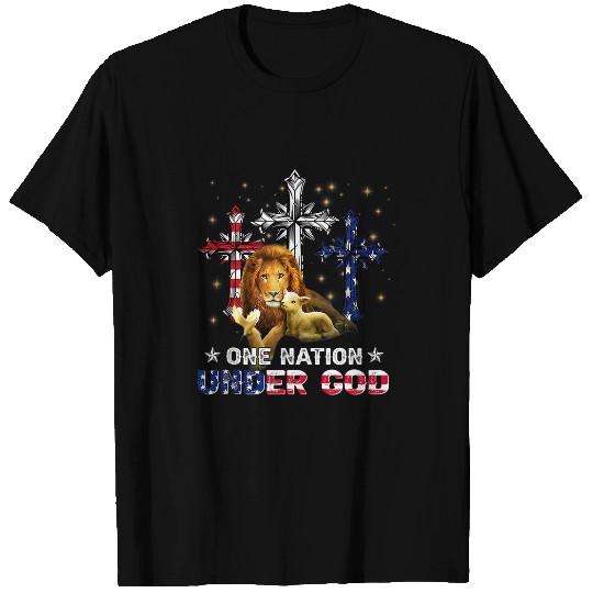 Lion Pet Jesus One Nation Under God Cross American Flag 4th Of July T-Shirts