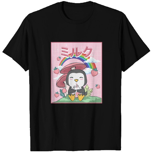 Penguin Pet Cottagecore Aesthetic Kawaii Penguin Strawberry Milk T-Shirts