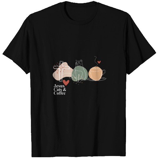 Coffee Fun Jesus Cats Coffee Cross Christian Jesus Religious Cat Mom T-Shirts