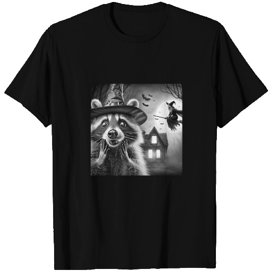 Raccoon Pet Funny Surprised Scared Raccoon Selfie With Witch Halloween T-Shirts