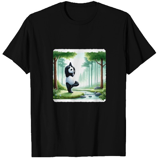 Panda Pet Practicing Yoga In A Forest Clearing Trees Stream T-Shirts