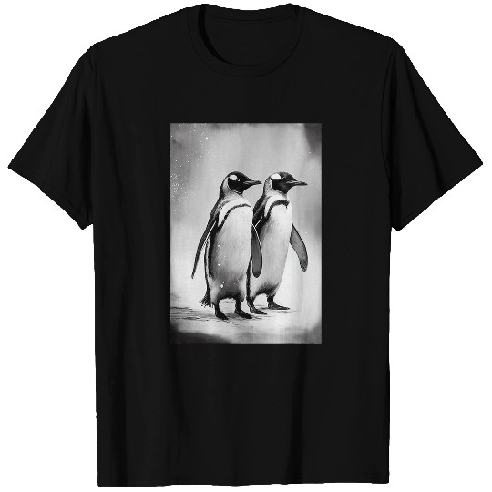 Penguin Pet Couple Illustration BW T-Shirts