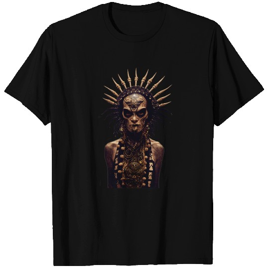 Alien With Tattoo And Evil Look Angry In Patterned Shaman T-Shirts
