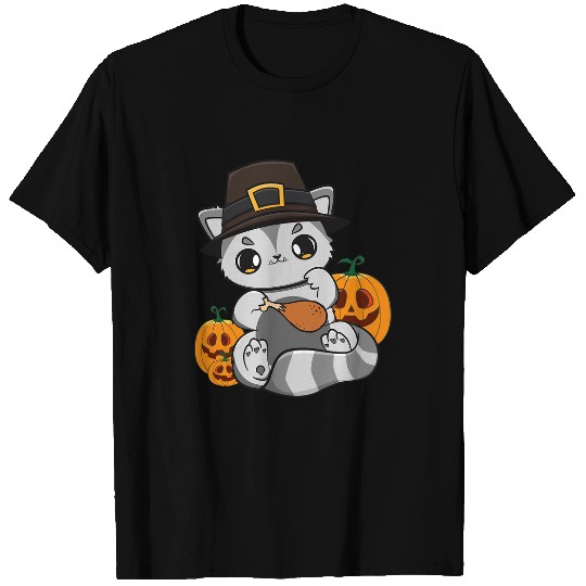 Raccoon Pet Cute Anime Racoon Eating Turkey For Thanksgiving T-Shirts