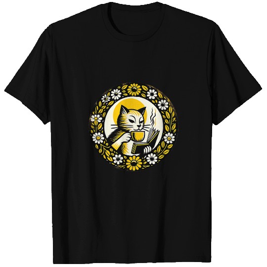 Coffee Fun Cat Reading and Drinking Coffee Lovers Cafe art T-Shirts