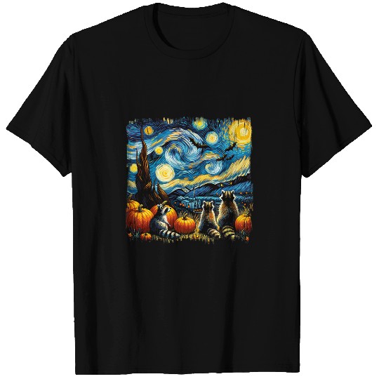 Raccoon Pet Halloween Van Gogh Starry Night Pumpkin Bats T-Shirts