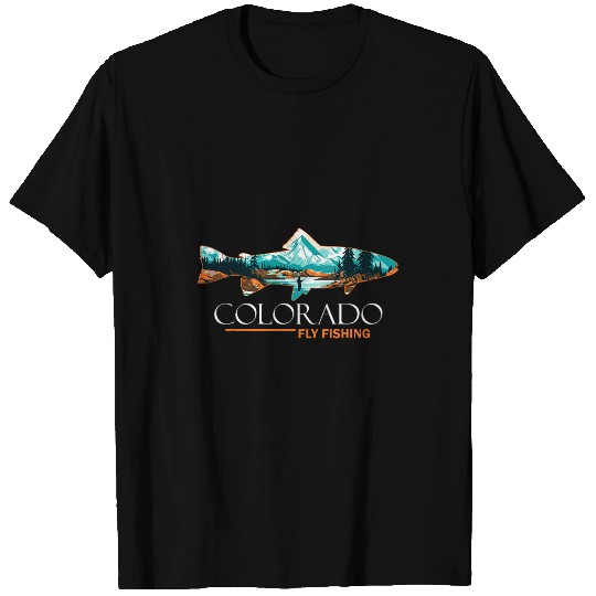 Fly Fishing in Colorado Amidst Rockies Trout Silhouette T-Shirts