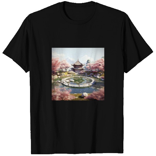 Circular Oasis Korean Serenity Amid Reflective Waters T-Shirts