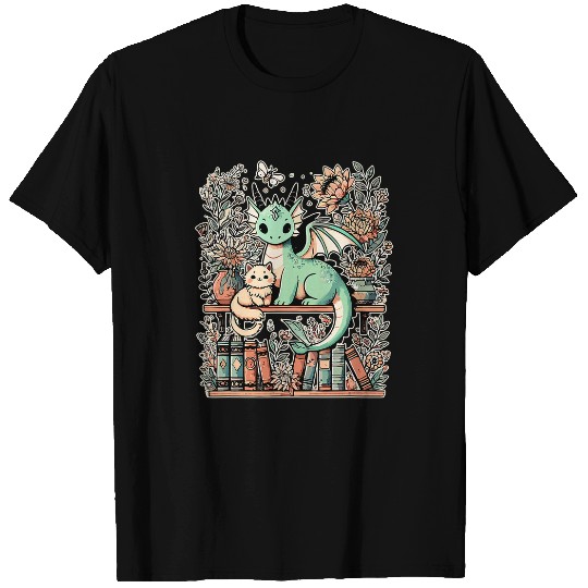 Dragon Pet Boho Librarian Booklover Cottagecore Fantasy Dragon Cat T-Shirts