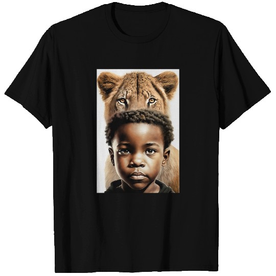 Black Boy walking with lions Confidence African American Men T-Shirts