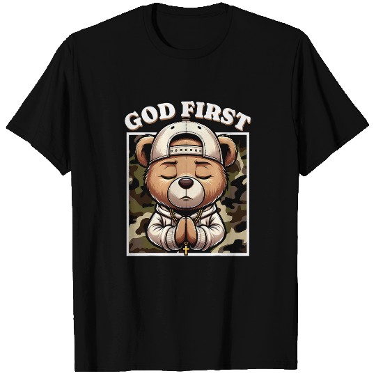 Bear Pet God First Hip Hop Camo Teddy Bear Christian Streetwear Pray T-Shirts