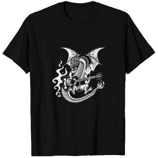 Dragon Pet Legendary Contrast Guitar Dragon Fires Wings in Black Whit T-Shirts