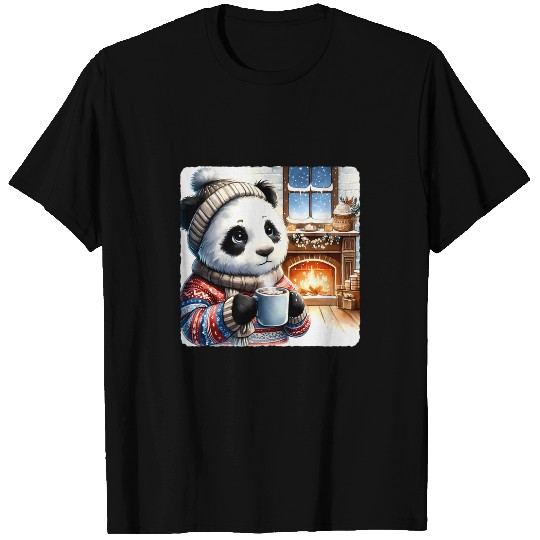 Panda Pet In Cozy Sweater Drinking Hot Cocoa By Fireplace Snow T-Shirts