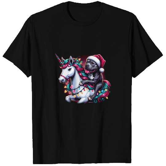 Christmas Lights Pit Bull Dog Riding Unicorn T-Shirts