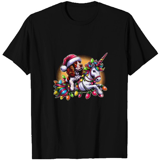 Christmas Lights Welsh Springer Spaniel Dog Riding Unicorn T-Shirts