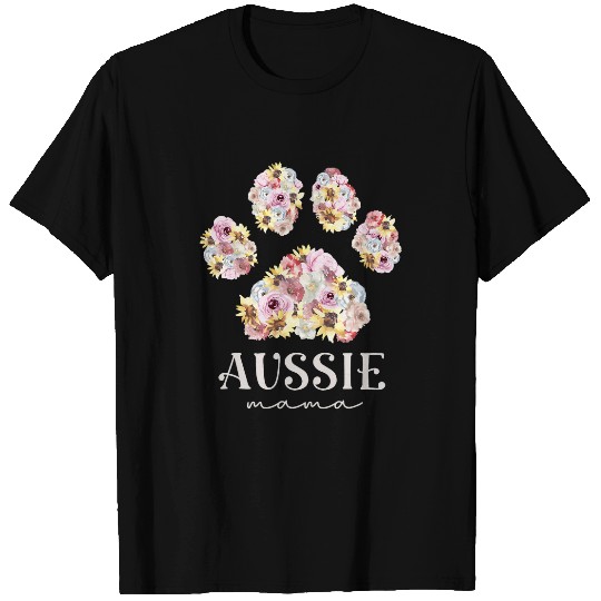 Aussie Mama Australian Shepherd Floral Paw Dog Mom T-Shirts
