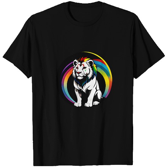 Lion Pet Majestic Big Cat Line Art White Lion Rainbow Circle T-Shirts