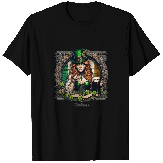 Beer Fun Ireland Girl with Beer and Sequined Green Top Hat Ireland T-Shirts