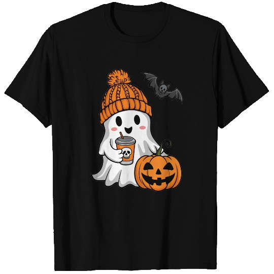 Coffee Fun Cute ghosts Drinking Coffee Halloween Pumpkin Ice Coffee T-Shirts