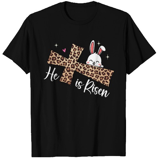 He Is Risen Leopard Cross Bunny Easter Day Christian Faith T-Shirts