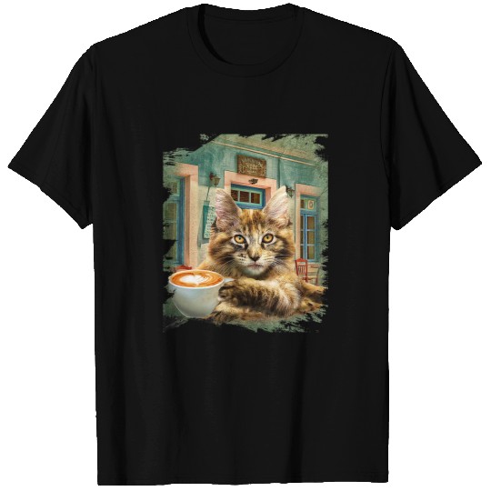 Coffee Fun Maine Coon Cat With Coffee T-Shirts