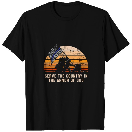 Police Job Serve in the Armor of God Thin Blue Line Police Officer T-Shirts